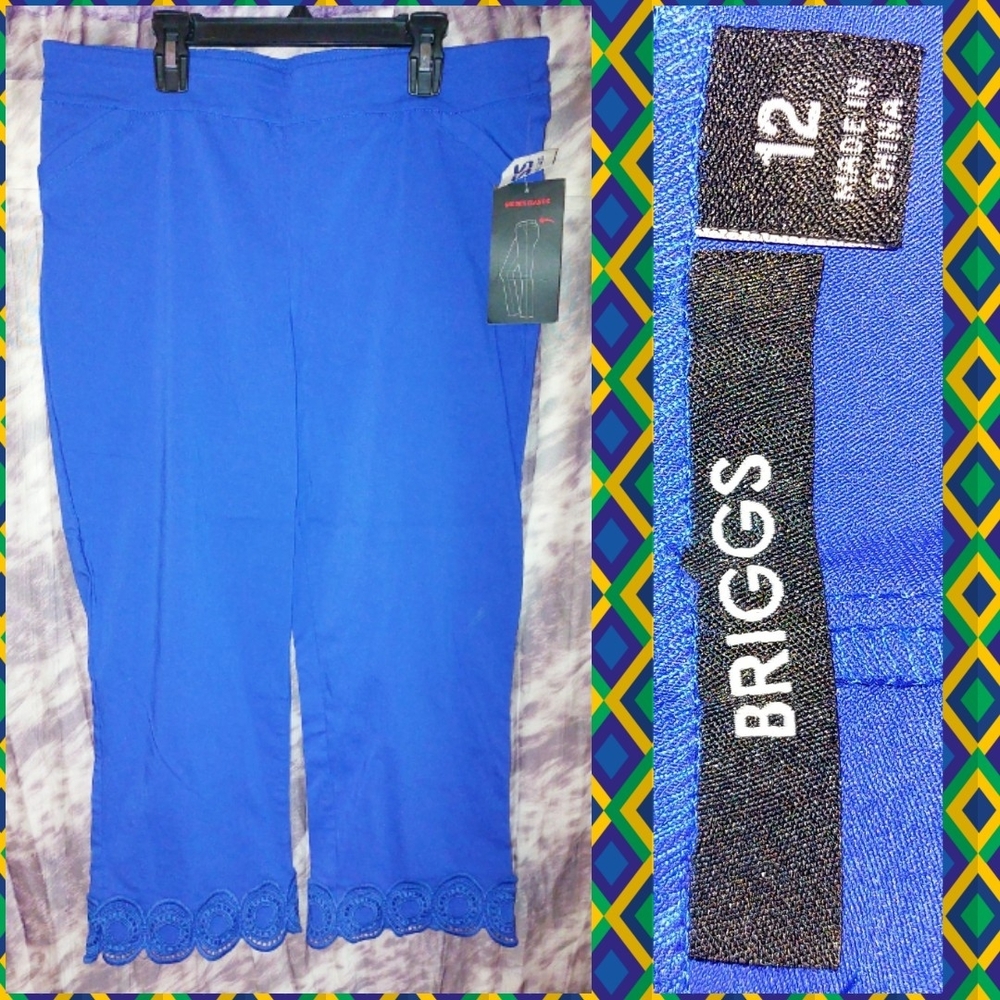Briggs New York Royal Blue Knit Cropped Pull-On Pants W/Embroidered Cuffs Sz 12